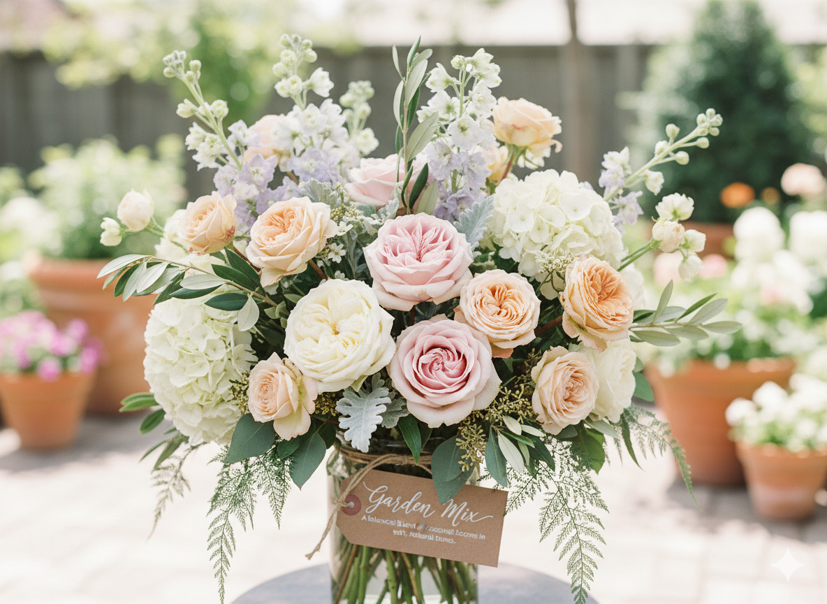 Seasonal mixed bouquet with roses and greenery